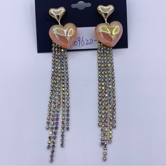 NOIR long tassel rhinestone heart shaped drop dangle earrings- New - Picture 8 of 10